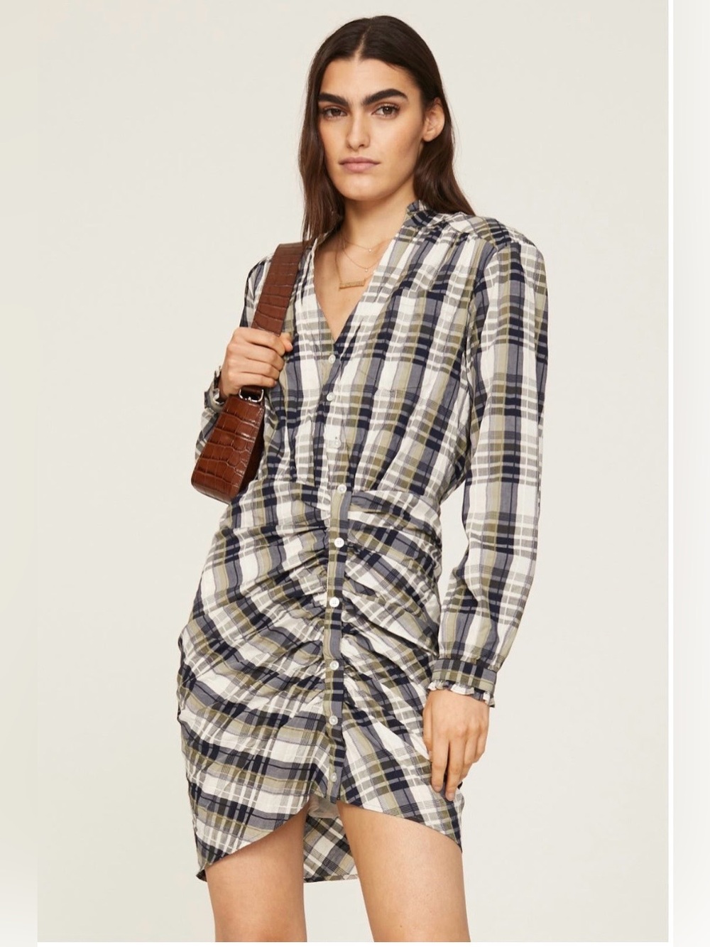 Veronica Beard~Vilette Plaid Ruched Button-Front Mini Dress~Size 4~$498~
